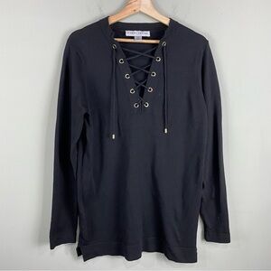 Larry Levine: Lace Tie Up Pullover Sweater Shirt Top Blouse Gold Black Medium
